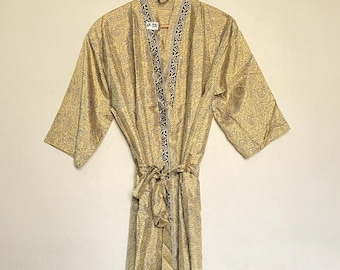 Vintage Silk Blend Kimono Robe, Boho Beach Cover Up