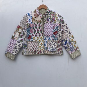 Patchwork Quilted Jackets Cotton Floral Bohemian Style Winter Jacket Coat Streetwear Boho Quilted Reversible Jacket for Women Biały