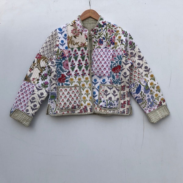 White And Pink Patchwork Quilted Jackets Cotton Floral Bohemian Style Winter Jacket Coat Streetwear Boho Quilted Reversible Jacket for Women