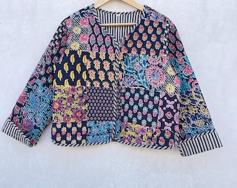 Handmade Patchwork Print Quilted Cotton Jacket: Bohemian Reversible Coat