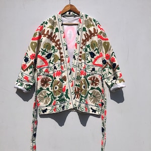 Cotton Canvas Fabric New Suzani Embroidery Jacket For women -Casual Bridesmaid Jacket With Belt- Boho Style Street Fashion- Gift For Her