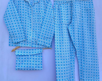 Hand Block Print 100% Cotton Pajama Set, Ladies Night Wear