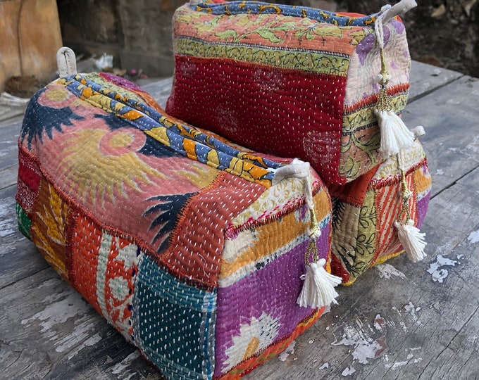 Kantha Quilted Toiletry Bag Set, Patchwork Cosmetic Pouch, Waterproof Liner, Women Organizer,