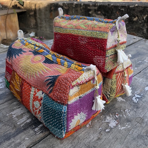 Ensemble de 3 trousses de toilette en coton kantha bag Pochette patchwork Trousse à cosmétiques Cadeaux pour elle Trousse de toilette étanche Trousse de maquillage Trousse vintage