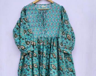 Hand Block Print Cotton Dress, V Neck Floral Midi Gown