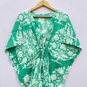 Indian Hand Block Print Floral Kaftan Dress, Women Long Caftan Dress, Beach Cover Up, Flower Block Print Sleepwear Maxi Dress, Loungewear