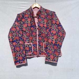 Cotton Women&#39;s Quilted Jacket Block Printed Boho Style Quilted Handmade Jackets, Coat Holidays Gifts Button Closer Jacket for Women Gifts