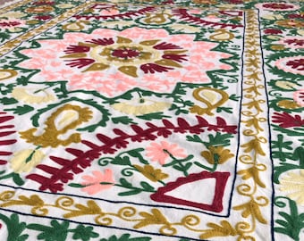 Hand Embroidered Suzani Tapestry, Bohemian Cotton Twin Bedspread