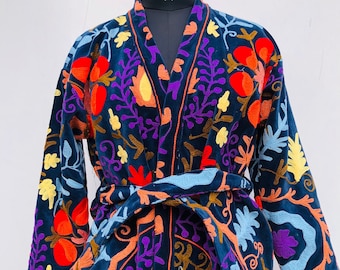 Embroidered Velvet Suzani Kimono Jacket - Bohemian Floral Robe