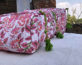 Conjunto de nécessaire indiana com estampa em bloco, estojo de viagem acolchoado para cosméticos.