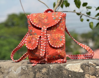 Retro Floral Vegan Leather Backpack | Boho Orange Print Travel Bag | Colorful Sc Floral Vegan Leather Backpack: Boho Travel Bag, Orange  main image 4