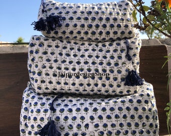 Floral Cotton Makeup Bag Set, Toiletry Cosmetic Bags with Tassels