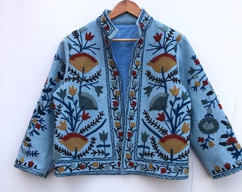 TNT Fabric New Suzani Embroidery Jacket For women -Casual Short Floral Jacket- Boho Style Street Fashion, Wedding Outfit Jackeet