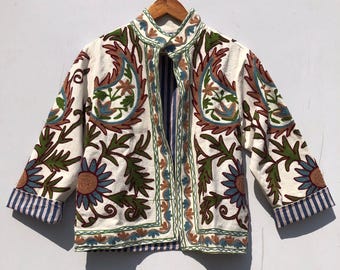 Handmade Cotton Suzani Jacket - Floral Embroidered Boho Coat