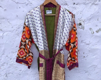 Silk Kimono Robes Long silk kimono, Boho Lounge Dress, Dressing gown, Vintage Kimono with Belt, Christmas Gift, Bathrobe
