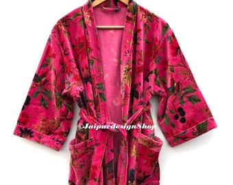 OFMD Pink Bird Velvet Banyan Fabric Kimono Cotton Velvet Robe Long, Original OFMD break up robe Printed Kimono With Tassels