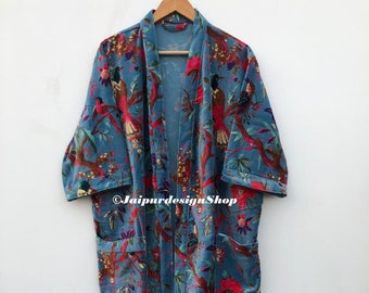 Blue Bird Printed Velvet Kimono Robes, Morning Tea Velvet Coat, Bridesmaid Robe, Women Wear Cotton Velvet robe, Velvet Jacket, Bridal Robe
