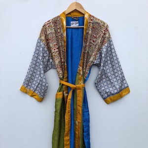 Robes, Patchwork Art Silk Kimono Robe Dressing Gown Vintage Kimono Beachwear Bathrobe Gifts For Her Plus Size Dress Kimono For Woman