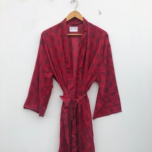 Red Art Silk Kimono Robe Dressing Gown Bathrobe Coat Gifts For Her Vintage Kimono Jacket, Bridal Robe, Silk Robe, House Wear Kimono