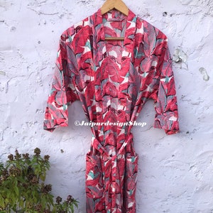 Bold Multi Leaf Print Kimono Robe – Lightweight Cotton Unisex Dressing Gown, Tropical Loungewear, Summer Bathrobe