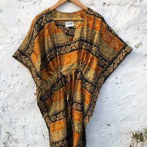 Indian Tunic Handmade Recycle Saree Silk Kaftan, Floral Print Silk Caftan Dress, Soft And Comfortable Beach Cover Up Bohemian Kaftan