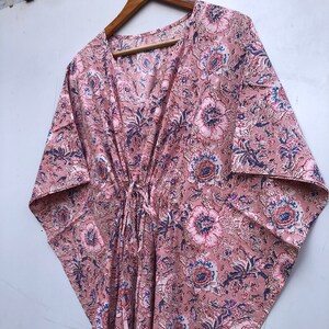 Indian Hand Block Print Floral Kaftan Dress, Women Long Caftan Dress, Beach Cover Up, Flower Block Print Sleepwear Maxi Dress, Loungewear