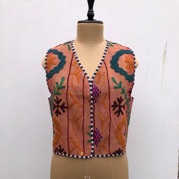 Bohemian Vintage suzani vest coat , kantha jacket for women old kantha cotton jilly Indian embroidery quilted jackets