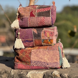 Kantha-zakje, 3-delige set toilettas Katoenen kantha-zakje Stone Wash-zakje Make-uptasje Cadeaus voor haar Waterdichte toilettas Make-upzakjes