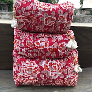 3 Pc Set Of Makeup Bag Cotton Toiletry Bag Cosmetic Bag Hand Block Print Bag Waterproof Wash Bag Gifts For Her image 1