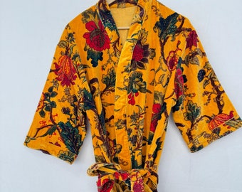 Bohemian Cotton Velvet Robe: Bird Print, Yellow Kimono