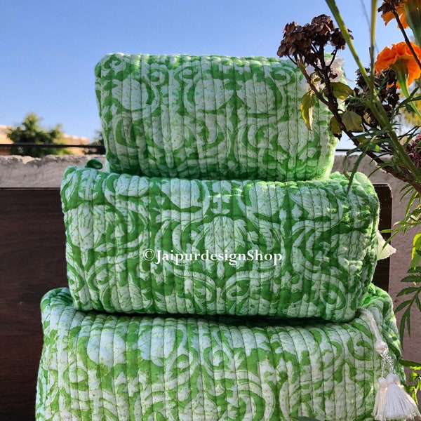 Grote katoenen toilettas met doorgestikte blokprint | Handgemaakte clutch | Toilettas | Make-uptasje met blokprint voor op reis Vakantie