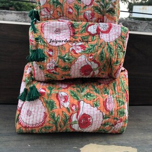 Quilted 3 Pc Set Of Makeup Bag Cotton Toiletry Bag Cosmetic Bag Hand Block Print Bag Waterproof Wash Bag Gifts For Her, Bridal Shower