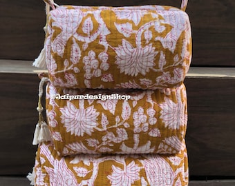 Floral Cotton Toiletry Bag Set, Hand Block Print Cosmetic Pouch