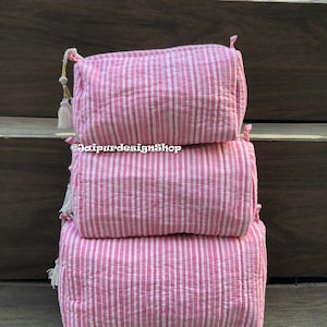 Conjunto de 3 peças de bolsa de algodão bolsa de maquiagem bolsa de impressão de bloco de mão bolsa de lavagem à prova d'água bolsa de higiene pessoal bolsa de listras rosa bolsa de cosméticos presentes para ela