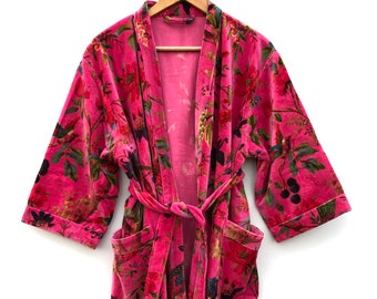 OFMD Pink Bird Velvet Banyan Fabric Kimono Cotton Velvet Robe Long,Original OFMD break up robe printed Kimono With Tassels