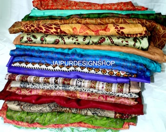 Vintage Poly Silk Saree Dressmaking Ethnic Craft Indian Sari Bath Robe Kimono Recycled Fabric Wholesale Lot