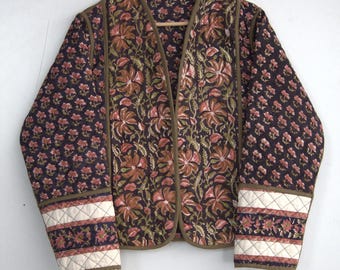 Veste à imprimé bloc, Veste matelassée en patchwork, Veste indienne à fleurs bleues faite main, Vêtements pour femme, Veste réversible, Cadeaux pour elle