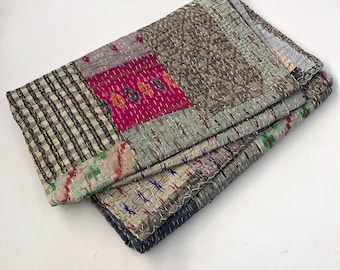 Vintage Silk Patchwork Kantha Quilt, Bohemian Throw Blanket