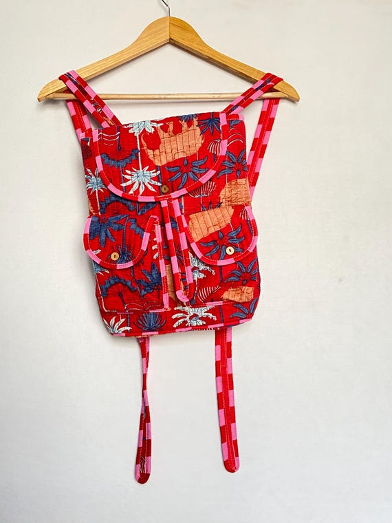 Floral Print Cotton Quilted Backpack, Travel Tote Bag - Etsy display picture 3
