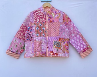 Rosa Patchwork Quilted Jacken Baumwolle Blumen Boho Stil Herbst Winter Jacke Mantel Streetwear Boho Quilted Wendejacke