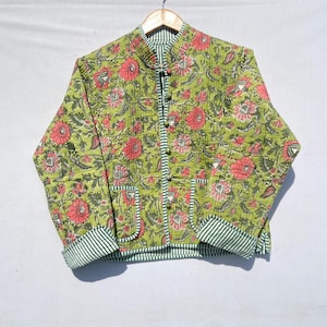 Cotton Women&#39;s Quilted Jacket Block Print Bohemian Style Quilted Handmade Jackets, Coat Holidays Gifts Button Closer Jacket for Women Gifts