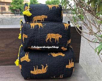 Gesteppte Tiger Print 3er Set Brautjungfer Make-up Tasche Kosmetiktasche Baumwolle Kulturbeutel Handblockdruck Tasche Wasserdichte Waschtasche Geschenke für Sie