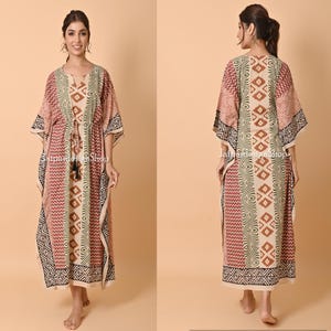 Summer Wear Bagru Print Cotton Kaftan For Beach Cover Up, Indian Hand Block Night Gown,Women&#39;s Beach Wear Clothing, Hand Printed Tunics