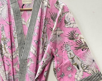 Cotton Kimono Robe Dressing Gown, Block Print Bridesmaid Robe, Summer Nightwear, One Size