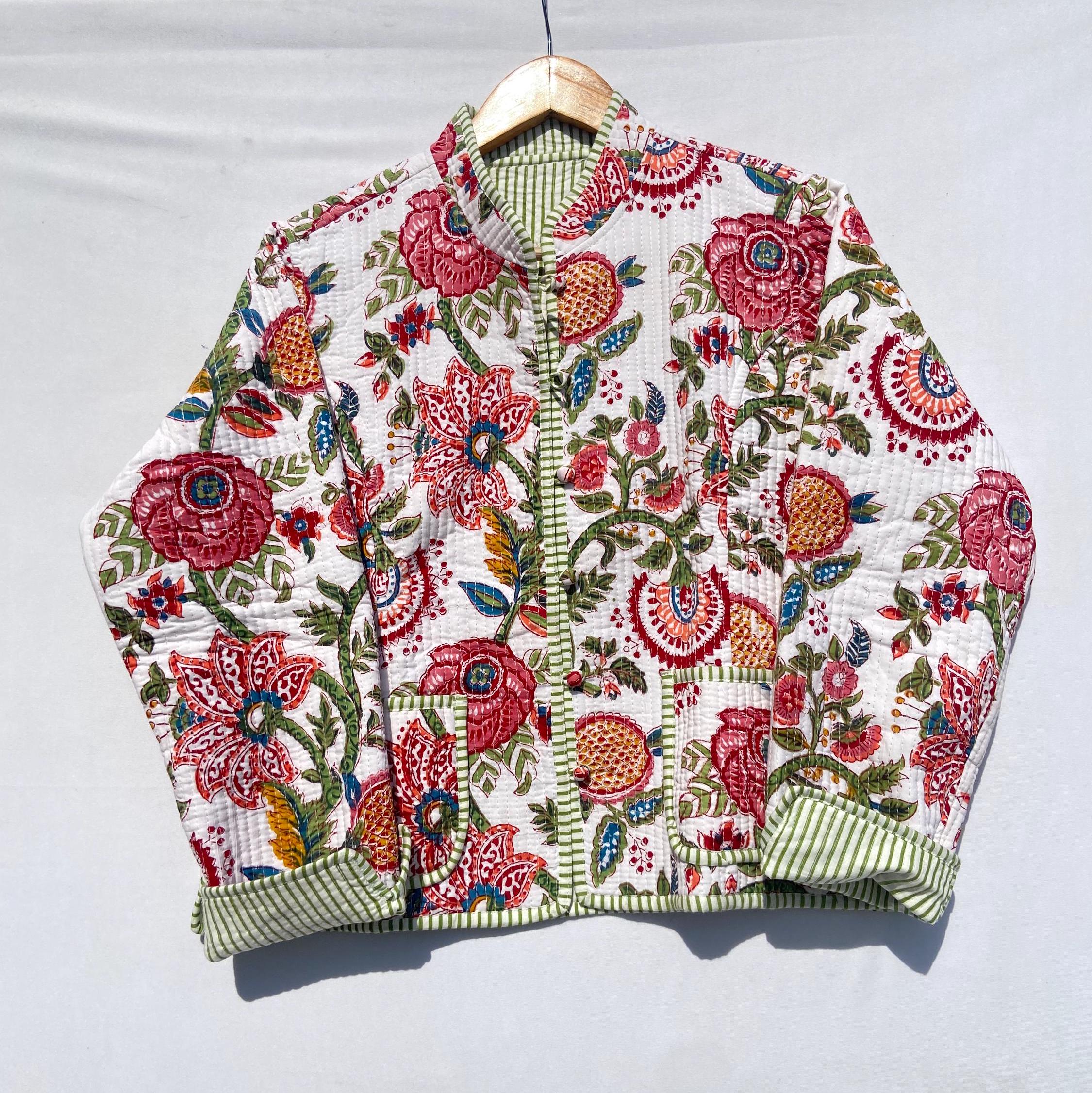 ジャケット・アウター ameri INDIA INDIA BLOCK PRINT JACKET Hand Block Print Cotton Quilted Jacket: White & Blue Leaf