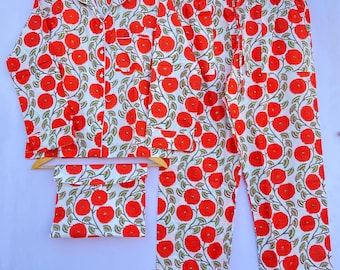 Handmade Indian Cotton Pajama Set, Floral Block Print Nightwear
