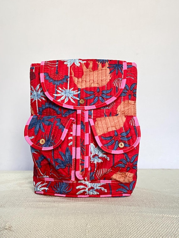 Floral Print Cotton Quilted Backpack, Travel Tote Bag - Etsy display picture 3