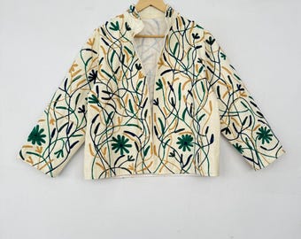 Chaqueta Suzani de lona de algodón hecha a mano, estilo boho con bordado floral