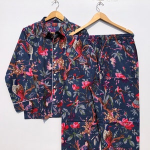 Hand Block Print Cotton Pajama Set, Floral Bird Sleepwear