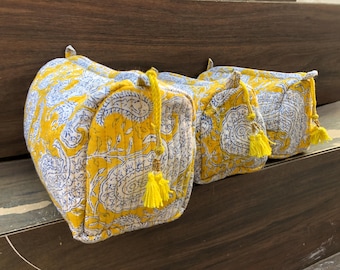 Quilted Cotton Makeup Bag Set, Block Printed Floral Cosmetic Bags